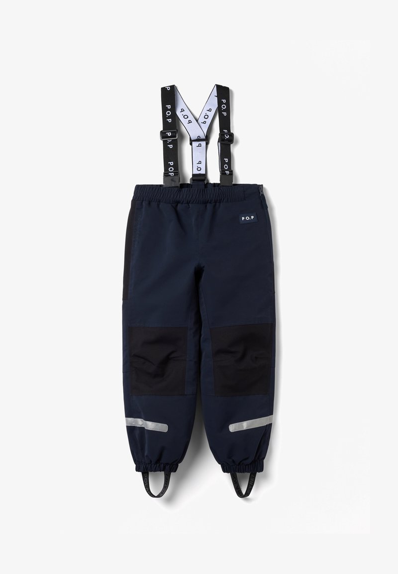 Marinewaterdichte broek met zwarte patches, verstelbare bretels, reflecterende strips en elastische boorden. Voorzien van een logo-label aan de voorkant.