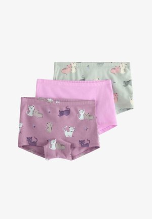 Sæt med tre børne bomuldsshorts i pink, lysegrå med katteprint og ensfarvet lys lilla, hver med en blød elastisk linning.