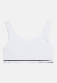 Hvid bomulds crop top bh med brede skulderstropper, en glat tekstur og en sort stribe accent langs den nederste kant.