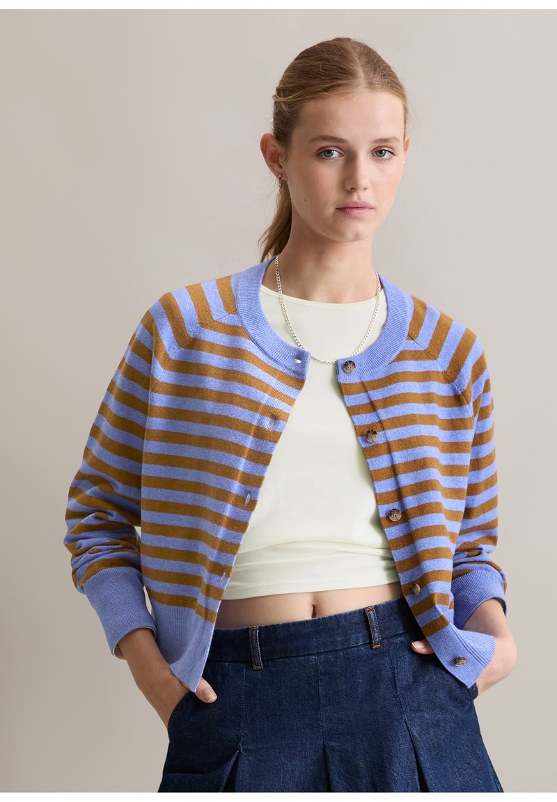 Gestreepte cardigan in bruin en lichtblauw, gemaakt van zachte stof; met een ronde kraag, knoopsluitingen en geribde manchetten.