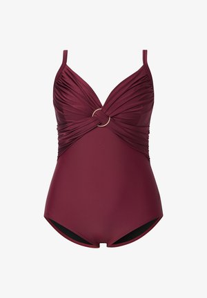 Bordeaux plavky s hlubokým výstřihem do V, řaseným materiálem a zlatým kroužkem uprostřed, s tenkými ramínky a hladkým povrchem.