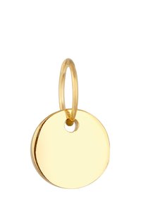 Pendentif circulaire de couleur dorée avec une surface lisse et brillante, présentant un trou central pour l'attache et une fine boucle en or.