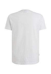 T-shirt blanc à manches courtes en coton doux, avec un col rond et une texture lisse, sans motifs ni embellissements.