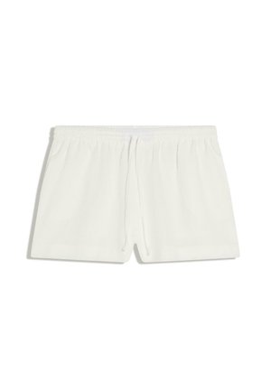 White casual shorts with elastic waistband and front drawstring, featuring side pockets and a relaxed fit.