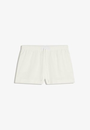 White casual shorts with elastic waistband and front drawstring, featuring side pockets and a relaxed fit.
