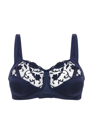 Soutien-gorge marine avec des bonnets rembourrés et de larges bretelles. Présente une broderie florale sur un panneau en tulle transparent. Matériau satin lisse, maintien par armatures et forme classique.
