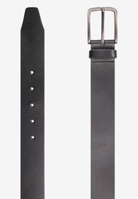 Cintura nera in pelle con fibbia rettangolare in metallo, cinque fori per la regolazione e finitura testurizzata. Presenta cuciture rinforzate lungo il bordo.