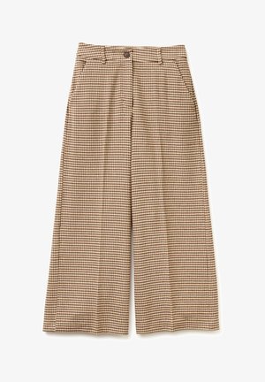 Wijd uitlopende broek in een bruin en crèmekleurig ruitpatroon, met een knoopsluiting, zijzakken en een gladde stoftextuur.