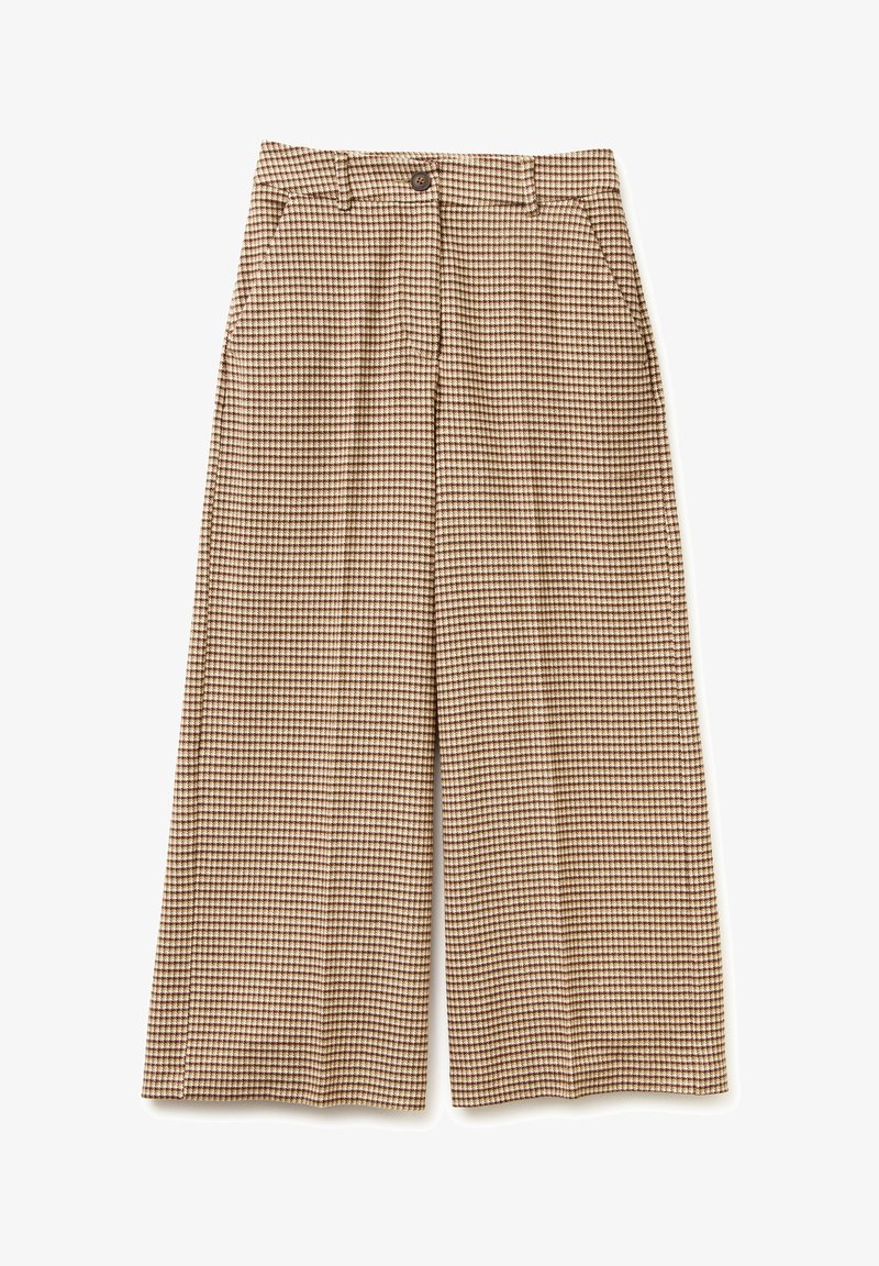 Wijd uitlopende broek in een bruin en crèmekleurig ruitpatroon, met een knoopsluiting, zijzakken en een gladde stoftextuur.