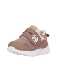 Sportliche Schuhe mit einem atmungsaktiven Mesh-Obermaterial in Hellbraun, akzentuiert mit Beige und einem Logo. Mit zwei verstellbaren Klettverschlüssen.