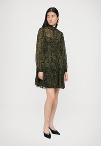 Čierne priehľadné šaty so zeleným paisley vzorom, vysokým golierom, dlhými rukávmi a vrstveným lemom. Modelka ich kombinuje s čiernymi špičatými balerínami.