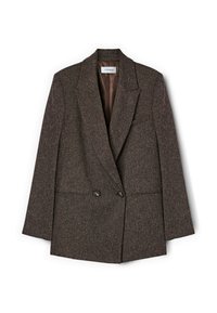 Braun karierter Blazer mit doppelter Knopfleiste, Reverskragen und zwei vorderen Taschen. Futter mit glatter Textur.