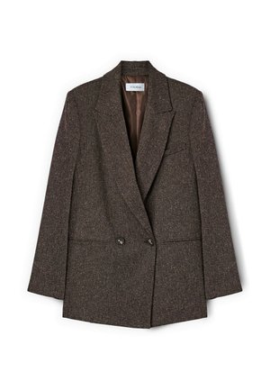 Blazer in tweed marrone con chiusura doppiopetto, rever a punta e due tasche frontali. Interno foderato con una texture liscia.