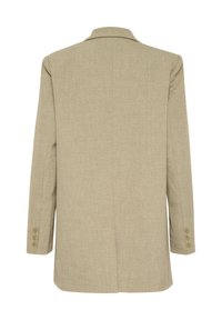 Beige blazer, struktureret vævning, enkeltknappet, med spids krave, lange ærmer med manchetter med fire knapper, ventileret ryg.