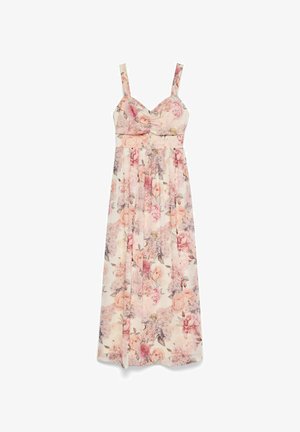 Robe longue sans manches à fleurs roses, pêche et lavande sur fond clair, avec un buste froncé et des bretelles fines.