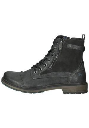 Schwarze Leder-Ankle-Boots mit glatter Oberfläche, Schnürung vorne, seitlichem Reißverschluss und strukturierten Akzenten. Klobige Sohle mit kontrastierendem Profil.