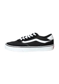 Sneaker nera in tela con lacci bianchi, striscia bianca decorativa e suola in gomma. Presenta dettagli di cucitura e un design classico a bassa punta.
