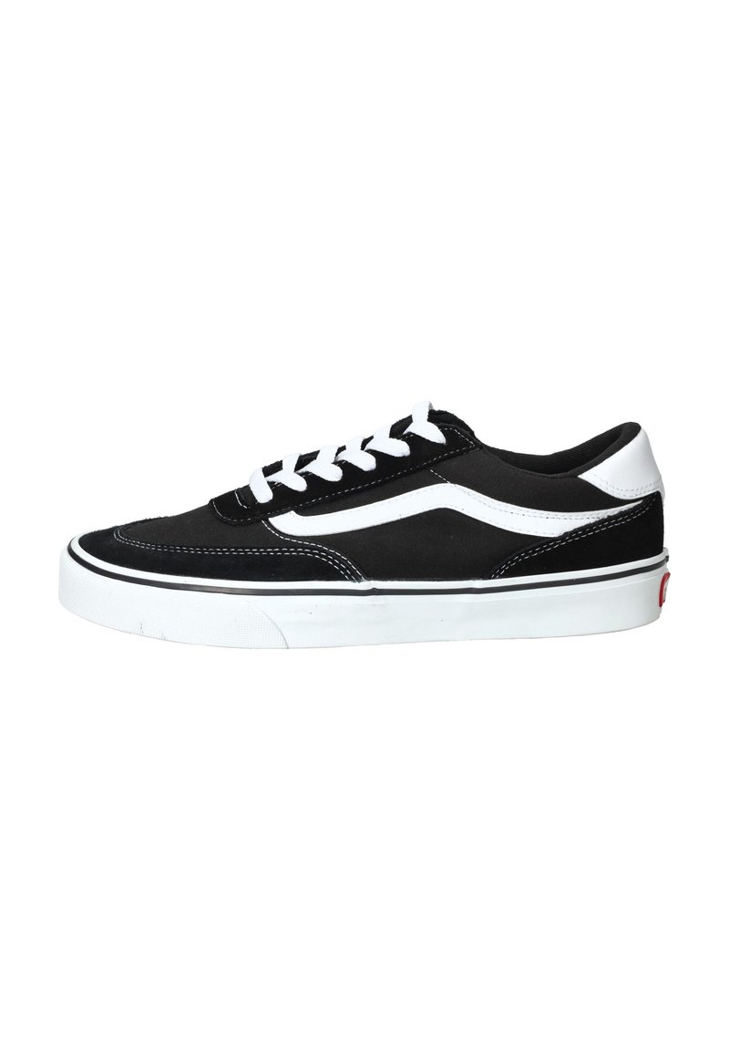 Sneaker nera in tela con lacci bianchi, striscia bianca decorativa e suola in gomma. Presenta dettagli di cucitura e un design classico a bassa punta.