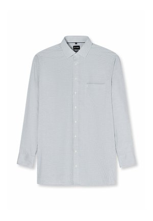 Herren-Langarmhemd mit kleinem kariertem Muster, knöpfbarem Vorderteil, spitzem Kragen und Brusttasche.
