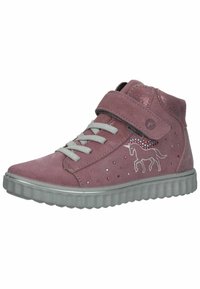 Różowe zamszowe wysokie buty z rzepem, szare sznurówki i srebrny wzór jednorożca z cyrkoniami po boku. Gumowa podeszwa.