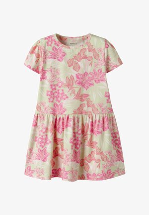 Robe manches courtes jaune clair avec taille froncée et imprimé floral rose partout, pour filles.