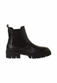 Bottine Chelsea en cuir noir avec semelle épaisse à crampons, panneaux latéraux élastiques et languette à l'arrière, vue de profil.