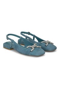 Ballerine blu in suede con punta quadrata, dotate di un elegante fiocco argentato e un tacco basso a blocco. Texture liscia e design semplice.