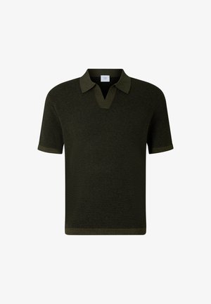 Dark green short-sleeve polo shirt with a textured knit, open V-neck collar, and ribbed cuffs and hem.