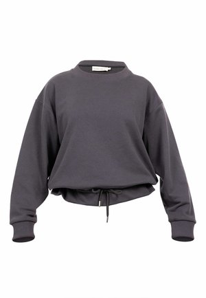 Grey cropped sweatshirt made of soft fabric, featuring a round neckline, long sleeves, and a drawstring hem for adjustability.