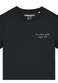 Zwarte katoenen T-shirt met een ronde hals en korte mouwen. Witte tekst: "Ik wil niets zeggen, maar..."