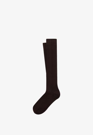Calze marroni scure fino al ginocchio con texture a coste e punta rinforzata. Finitura liscia, progettate per comfort e durata.