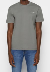 Šedé tričko s krátkým rukávem vyrobené z bavlny, s kulatým výstřihem a bílým logem Calvin Klein na hrudi. V kombinaci s modrými džíny.