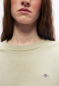 Κοντινό πλάνο του κάτω μέρους του προσώπου και του λαιμού ενός ατόμου που φοράει ένα ανοιχτό μπεζ φούτερ με μικρό κεντημένο λογότυπο GANT στο στήθος.