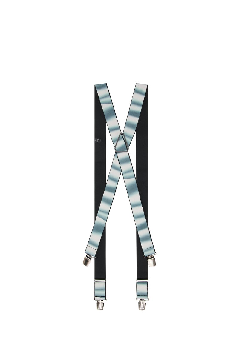 Zwarte bretels met lichtblauwe en witte gradient banden. Metalen clips aan de uiteinden voor bevestiging. X-vormig ontwerp voor een stevige pasvorm.