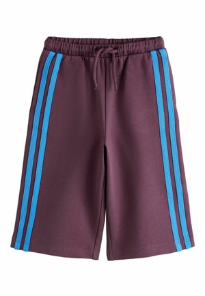 Fialové športové šortky s dvoma vertikálnymi modrými pruhmi na každej strane a elastickým pásom s šnúrkou na stiahnutie.