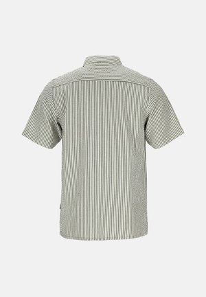 Camicia a maniche corte con motivo a righe verdi e bianche, colletto button-down e orlo dritto con aperture laterali. Tessuto traspirante.