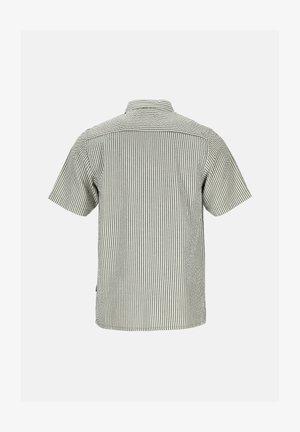 Kurzes Hemd mit grün-weißem Streifenmuster, Button-Down-Kragen und geradem Saum mit seitlichen Schlitzen. Atmungsaktiver Stoff.