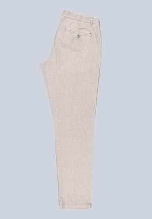 Helle beige, elastische Hosen mit geradem Schnitt. Verfügt über eine einzelne Gesäßtasche mit Knopf und ein dezentes Strukturmuster.