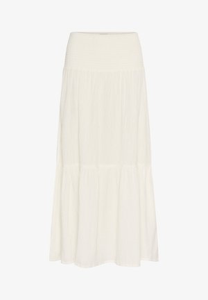 White tiered skirt made from lightweight fabric, featuring a smocked waist and soft, flowing texture for ease of movement.