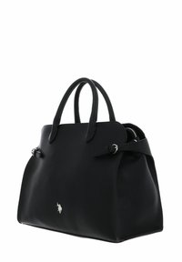 Sac à main en cuir noir avec poignées doubles, ferrures argentées, texture lisse et compartiment zippé. Présente un logo à l'avant.