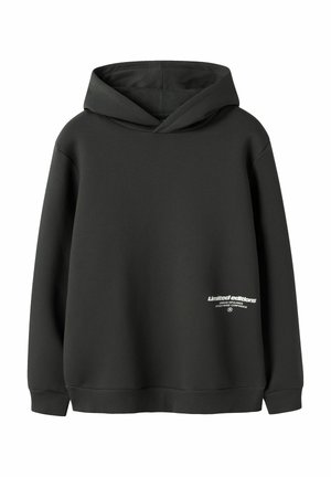 Schwarzer Hoodie mit Kängurutasche vorne und kleinem weißen Textlogo "Limited editions" auf der unteren rechten Seite.