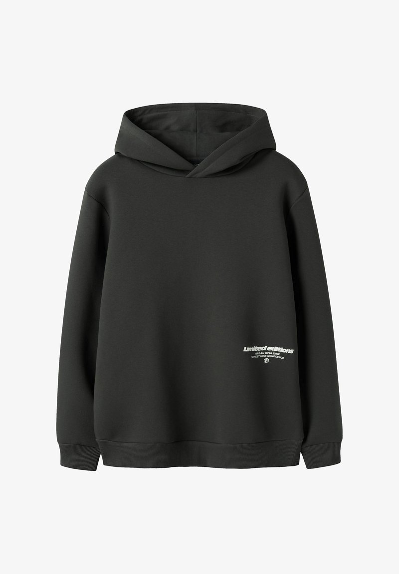 Sweat à capuche noir avec poche kangourou à l'avant et petit logo texte blanc "Limited editions" en bas à droite.