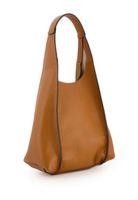 Braune Lederhandtasche mit glatter Oberfläche, Hobo-Form und kontrastierendem dunklen Rand. Verfügt über einen einzigen oberen Griff zum Tragen.