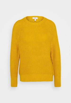 Gelber gestrickter Langarmpullover mit rundem Ausschnitt und strukturiertem Muster, dargestellt auf einem schlichten hellen Hintergrund.