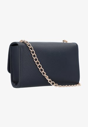 Navy faux leather crossbody bag with a textured finish, featuring a gold chain strap and a structured rectangular shape.