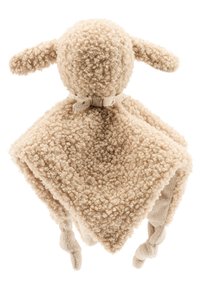 Beige plush blanket toy with a rounded head and floppy ears, featuring curly texture and a tied bow at the neck. Includes knotted fabric ends.