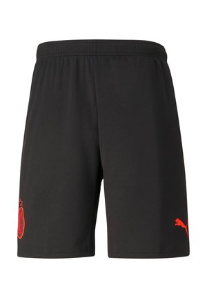 Schwarze Sportshorts mit elastischem Bund, versehen mit einem roten Club-Logo und einem roten Puma-Logo auf der linken Seite. Glatte Textur, normale Passform.