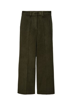 Pantalons larges en velours côtelé vert olive avec des plis avant, une texture lisse et des passants de ceinture à la taille.