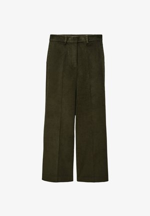 Pantalons larges en velours côtelé vert olive avec des plis avant, une texture lisse et des passants de ceinture à la taille.