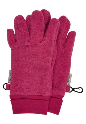 Pair of bright pink fleece gloves with elastic cuffs and small black clips for attachment, designed for cold weather.